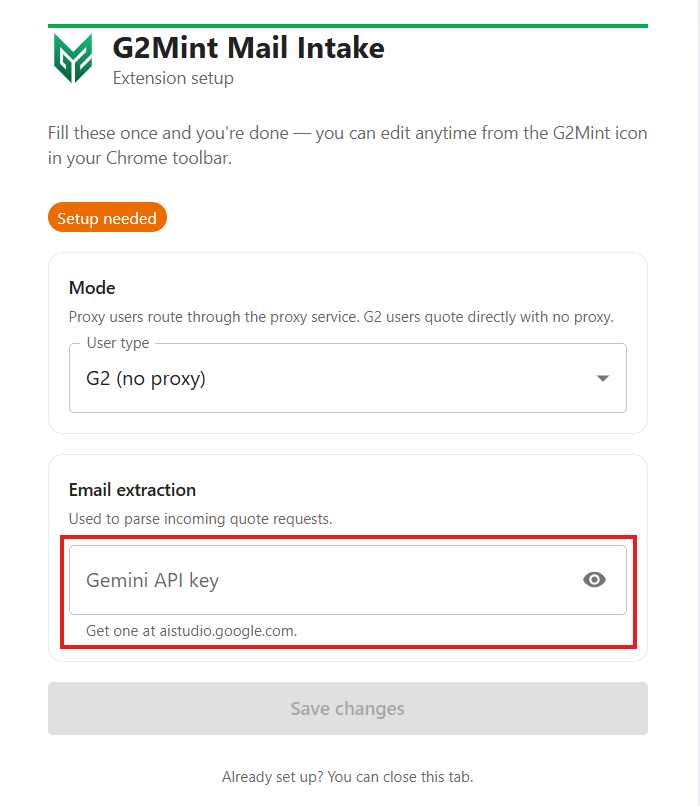 G2Mint Mail Intake extension setup window with the Gemini API key field highlighted